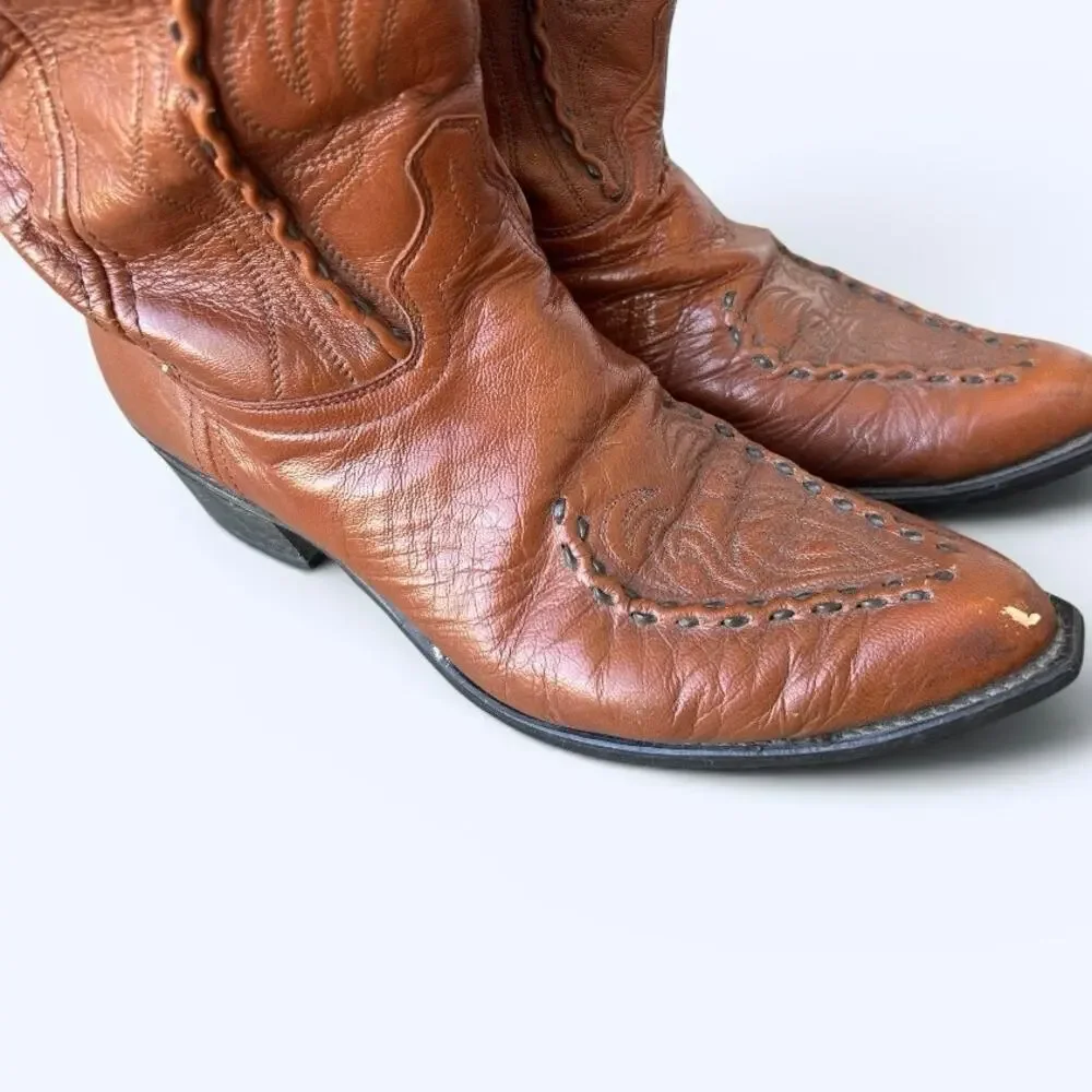Vintage Western Cowboy Boots Men’s Size 12D Brown Leather Snip Toe Whip Stitched
